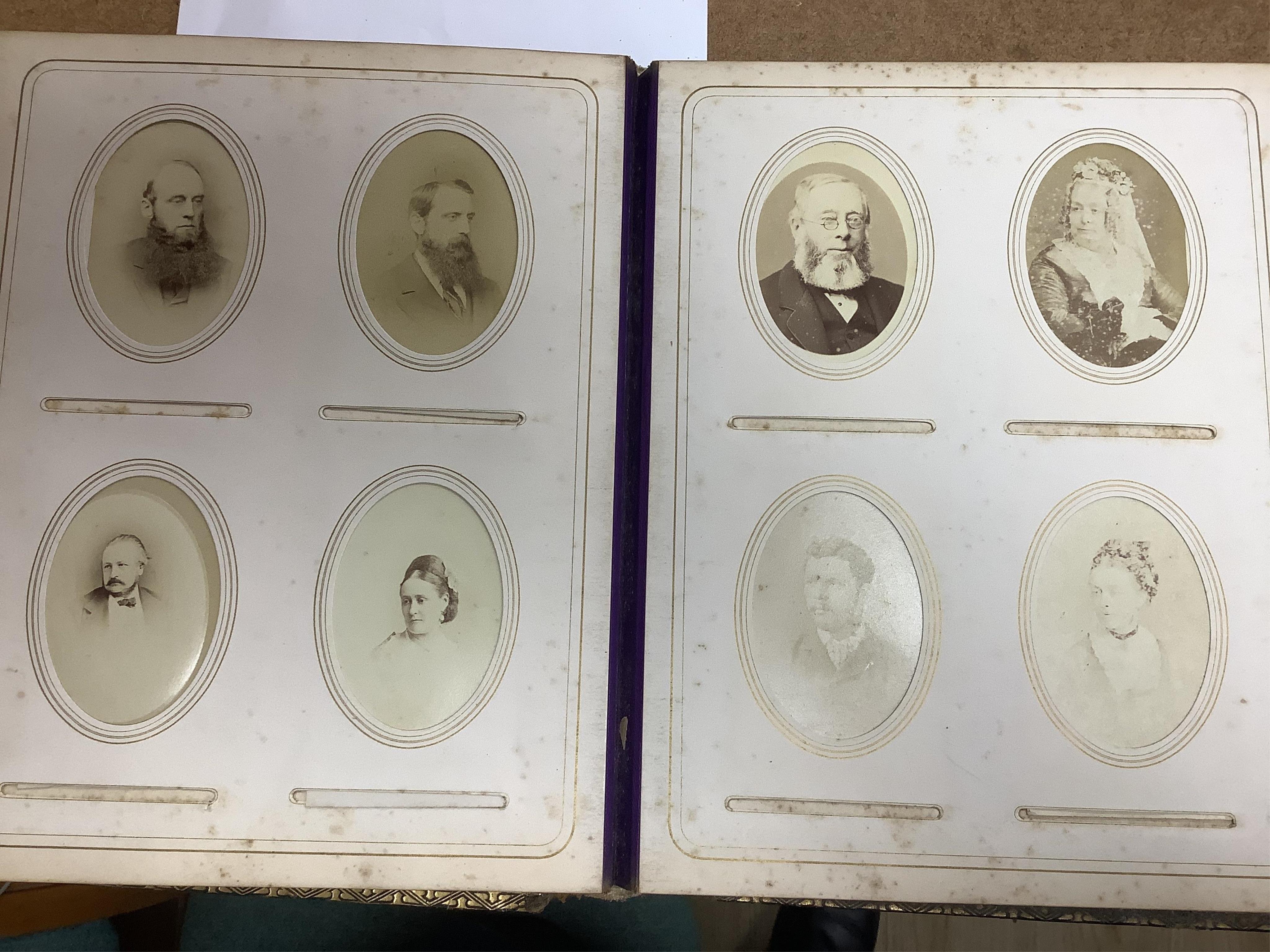 A Victorian malachite mounted amboyna family photograph album, 23cm x 30cm